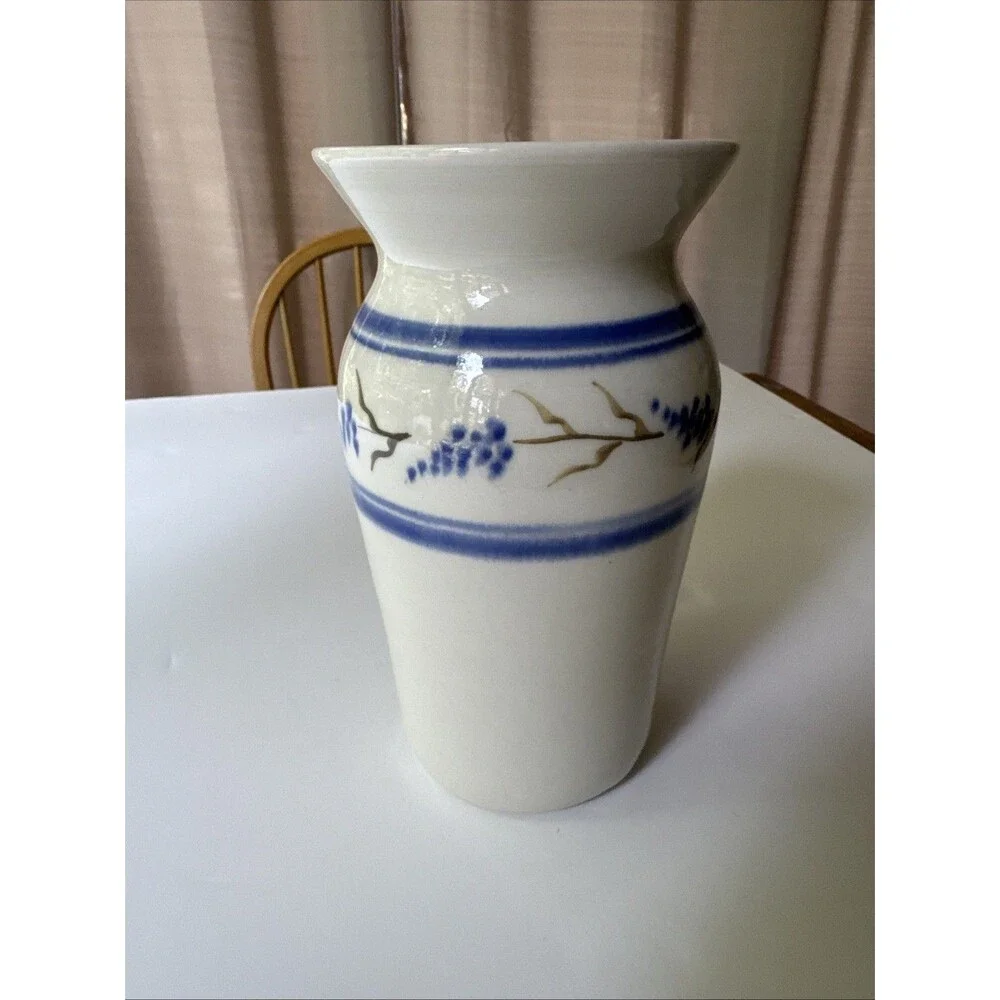 Clay stoneware Vase Floral berries blue Vines CS (??) signed Pottery Studio Art